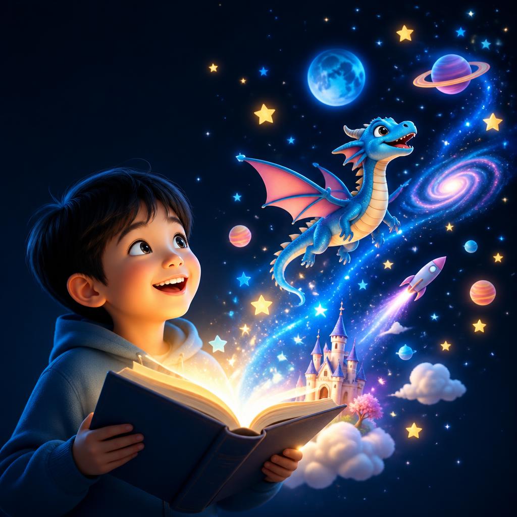 เด็กเปิดหนังสือนิทานที่มีโลกจินตนาการพุ่งออกมา